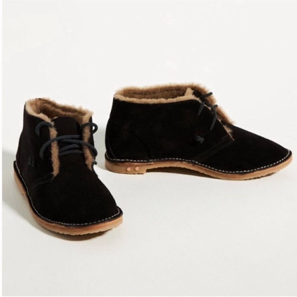 Free People BEEK Penguin Shearling-Lined Booties Ankle Boots Black Suede US 7